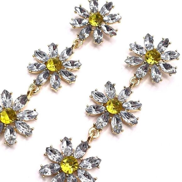 Yellow Gold with White and Yellow Crystal Daisy Flower Post Back Earrings - Picture 4 of 6